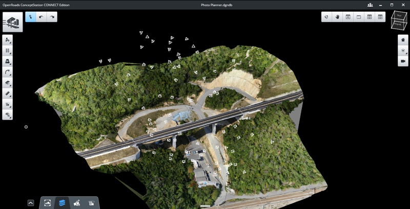 ContextCapture photo planning illustrating computed shots for optimal proposed path-to-flight planning applications. Image courtesy of Bentley Systems